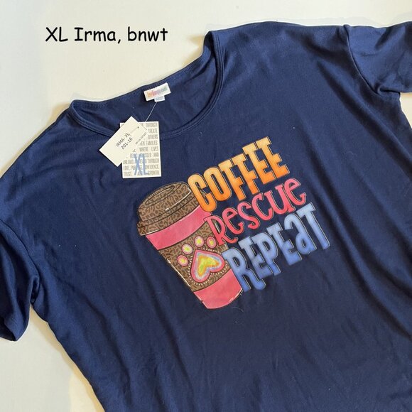 XL Lularoe Irma oversized tunic top, blue sweater with Coffee Rescue Repeat - Picture 1 of 2